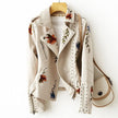 Leather Biker Jacket Women Floral Embroidered