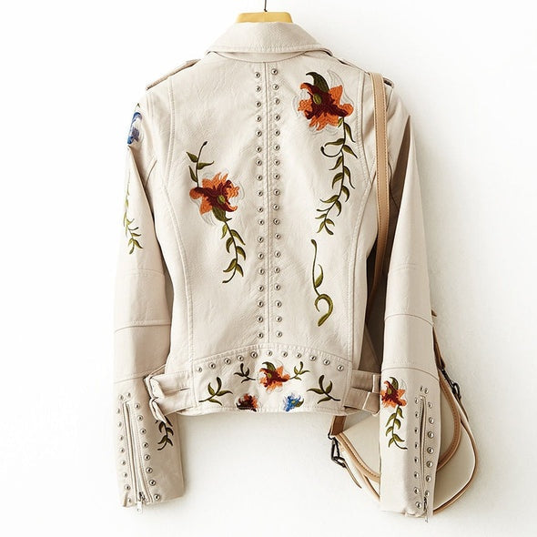 Leather Biker Jacket Women Floral Embroidered