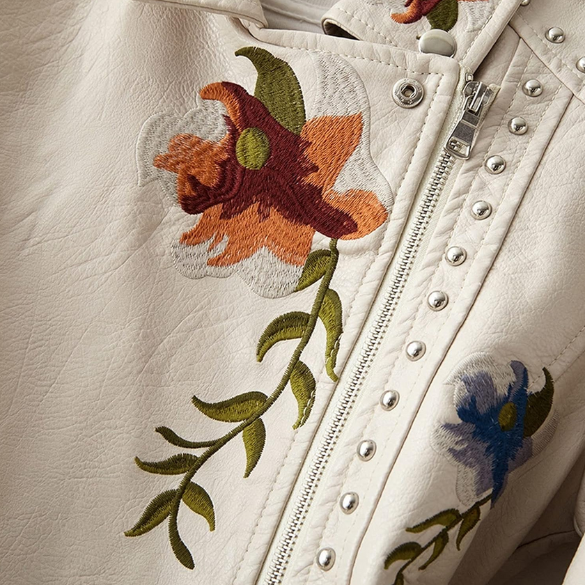 Leather Biker Jacket Women Floral Embroidered