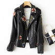 Leather Biker Jacket Women Floral Embroidered