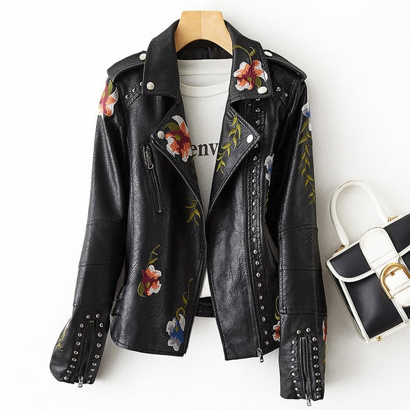 Leather Biker Jacket Women Floral Embroidered