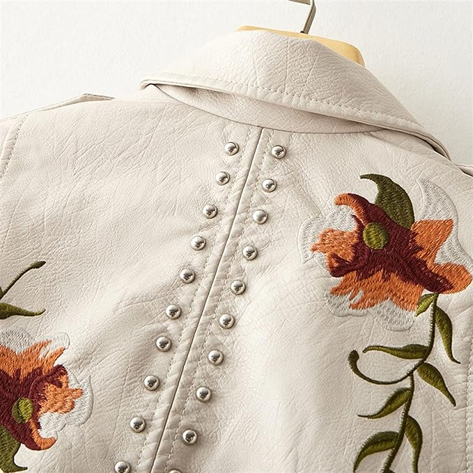 Leather Biker Jacket Women Floral Embroidered