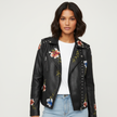 Leather Biker Jacket Women Floral Embroidered