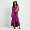 Fuchsia elegant maxi dress for women with halter neck and ruffle satin fabric, designed by FJØRNA.