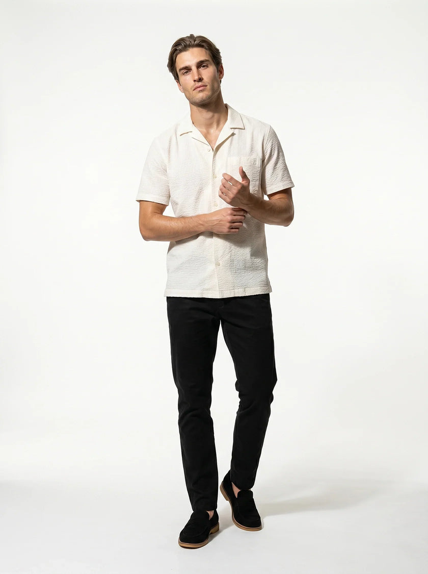 FJØRNA men's classic short-sleeve button-up shirt, casual summer top, full-body front view, lightweight and breathable fabric.