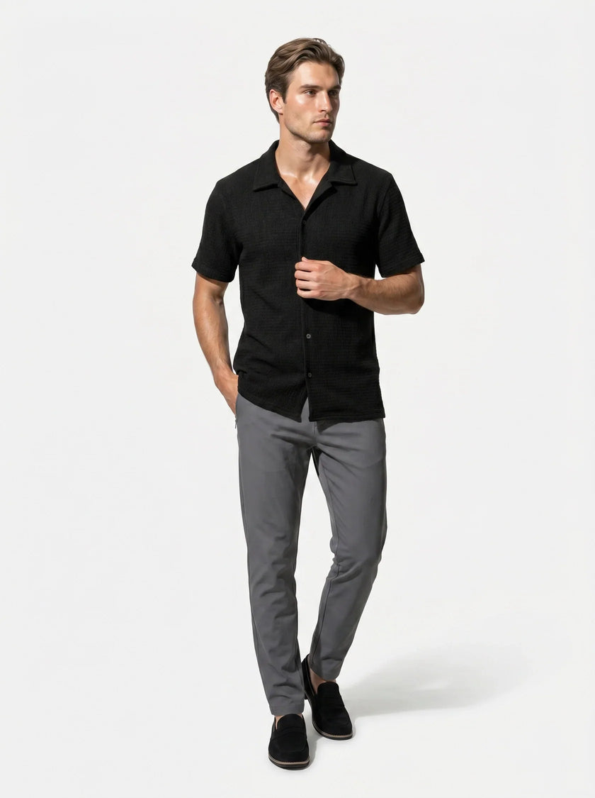 FJØRNA men's classic short-sleeve button-up casual summer shirt, full-body view, lightweight and relaxed fit for warm weather.