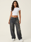 Wide Leg Jeans Women Embroidered Vintage Wash