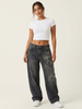 Wide Leg Jeans Women Embroidered Vintage Wash