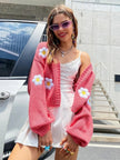 Knit Cardigan Women Floral Appliqué Relaxed Fit Open Front