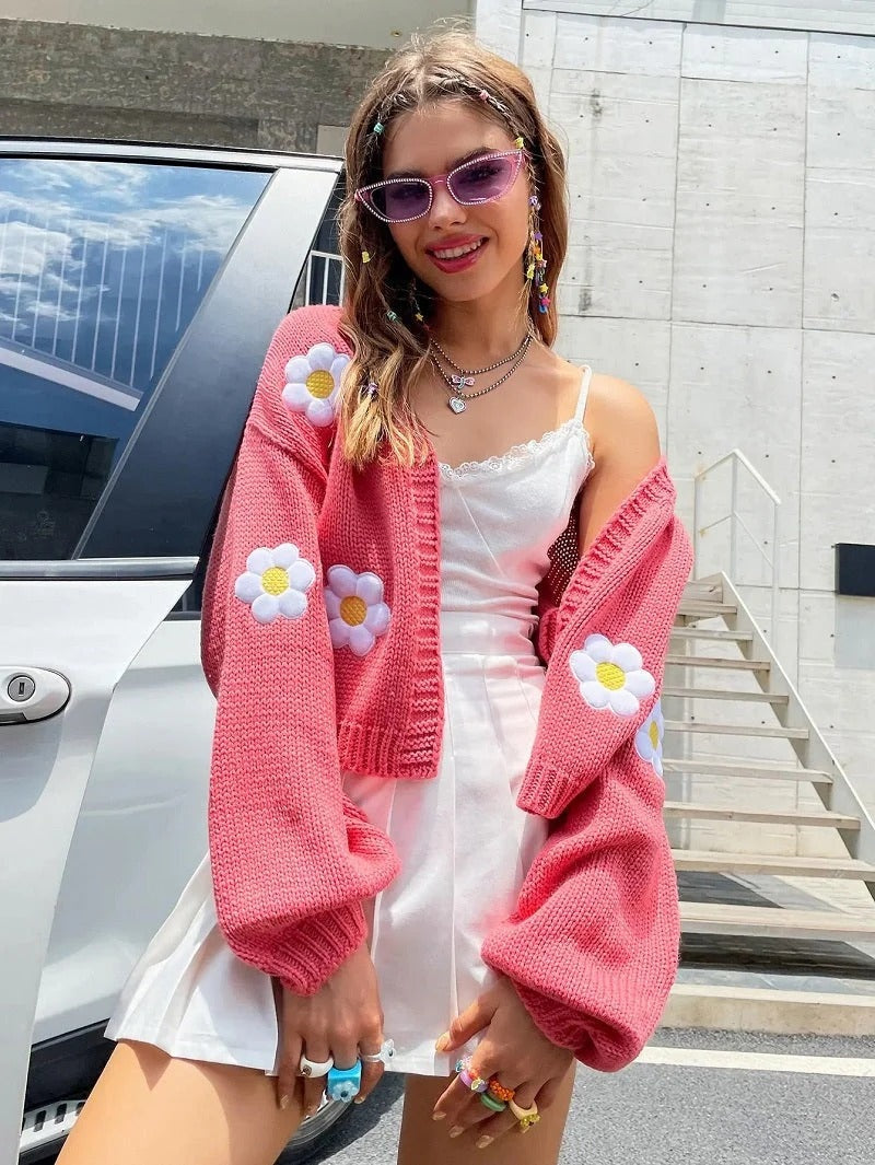 Knit Cardigan Women Floral Appliqué Relaxed Fit Open Front