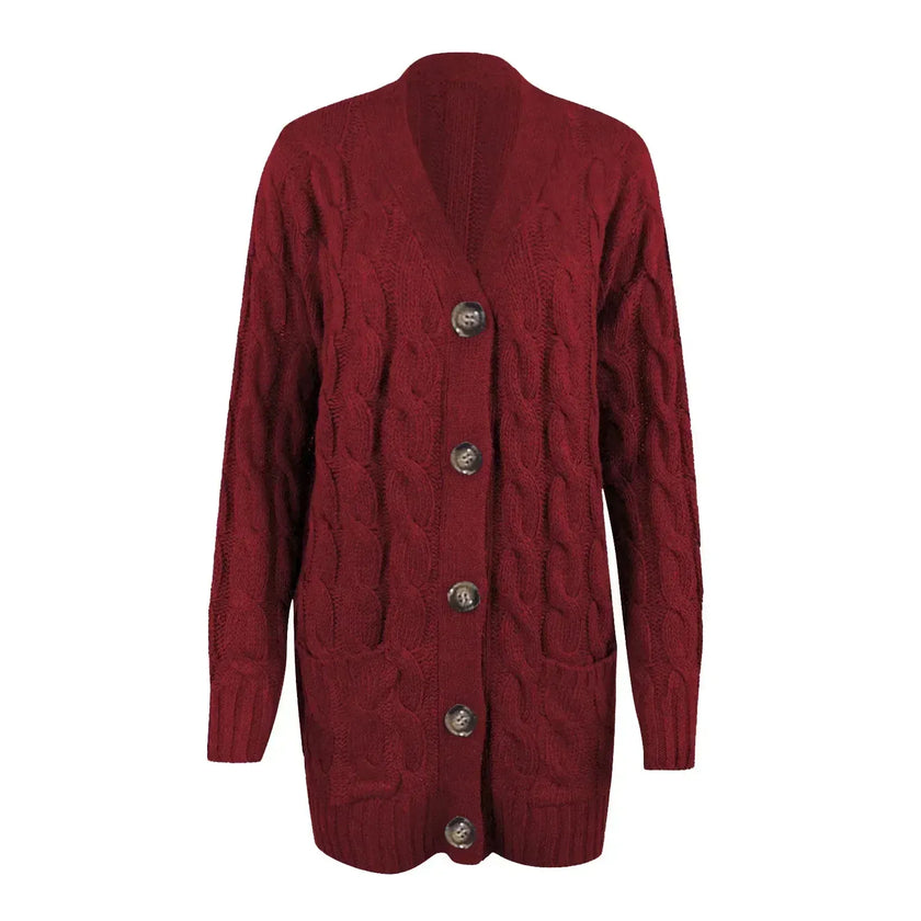 Longline Cable Knit Cardigan Women Button Front