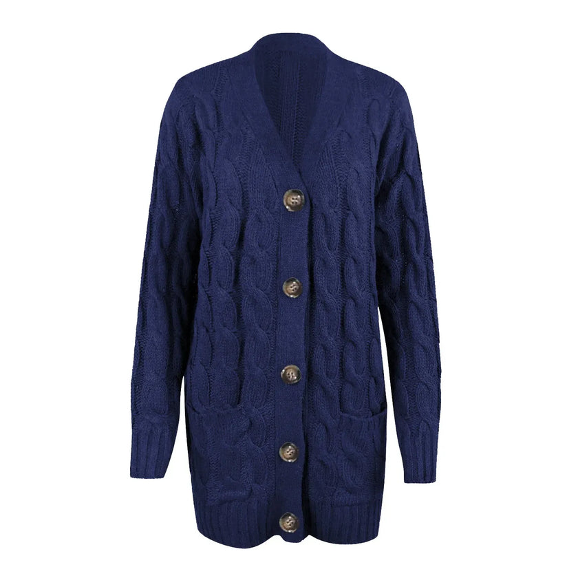 Longline Cable Knit Cardigan Women Button Front