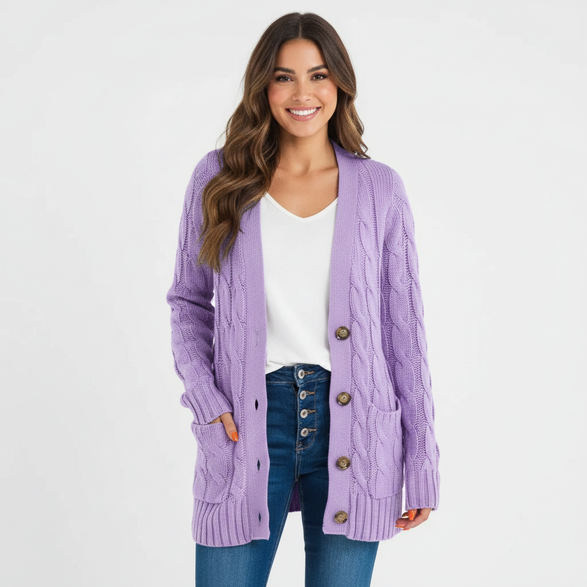 Longline Cable Knit Cardigan Women Button Front