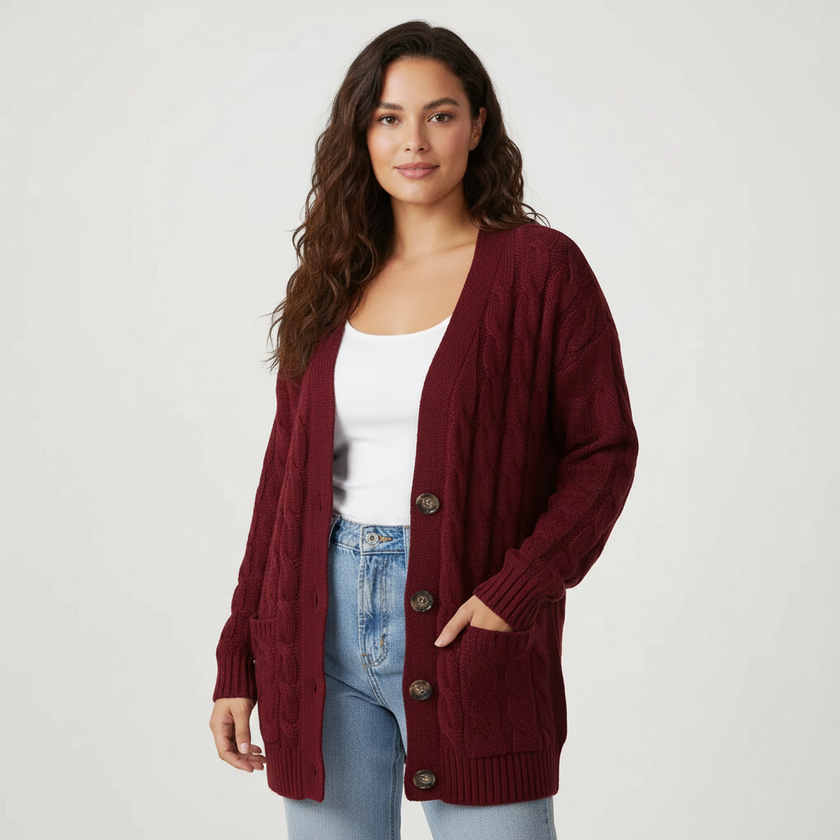 Longline Cable Knit Cardigan Women Button Front