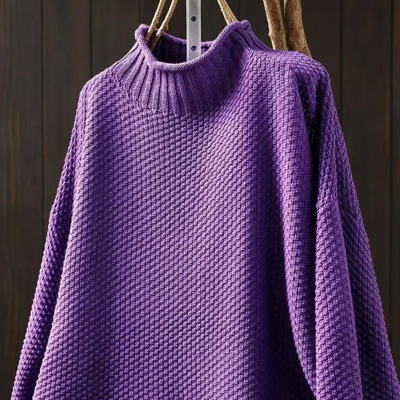 Knit Sweater Women Textured Relaxed Fit High Neck
