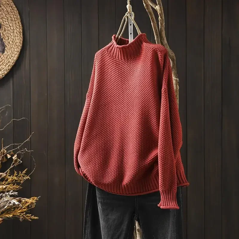 Knit Sweater Women Textured Relaxed Fit High Neck