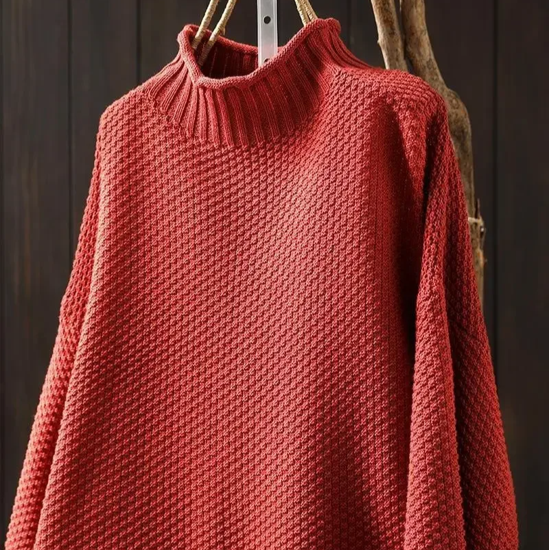 Knit Sweater Women Textured Relaxed Fit High Neck