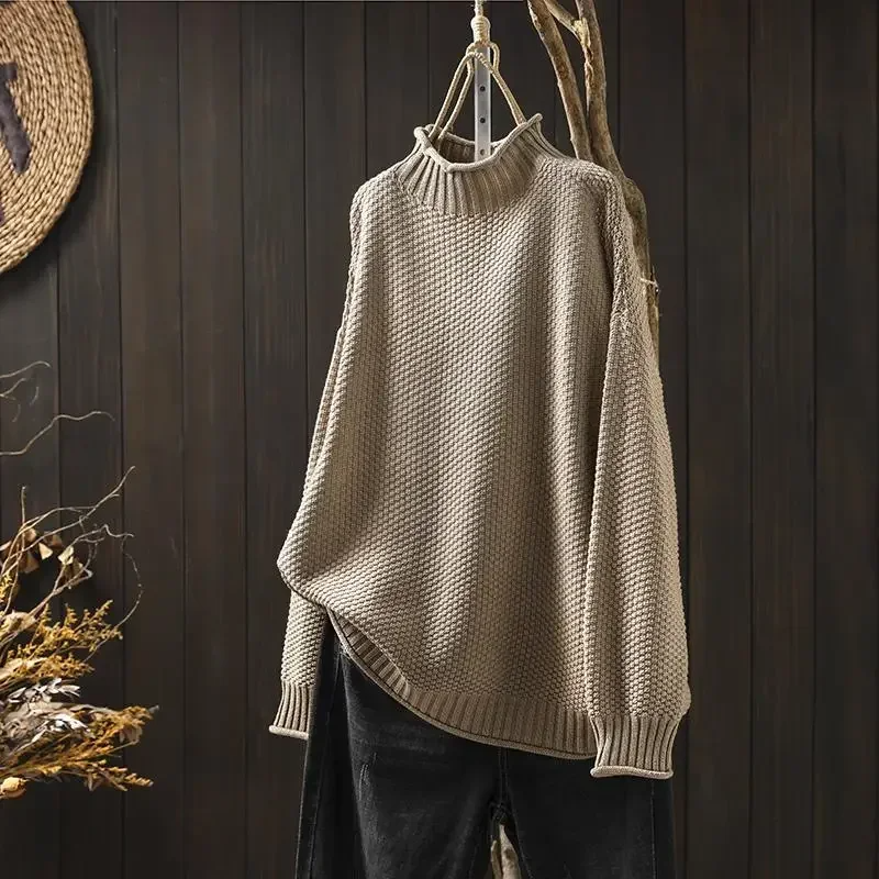 Knit Sweater Women Textured Relaxed Fit High Neck
