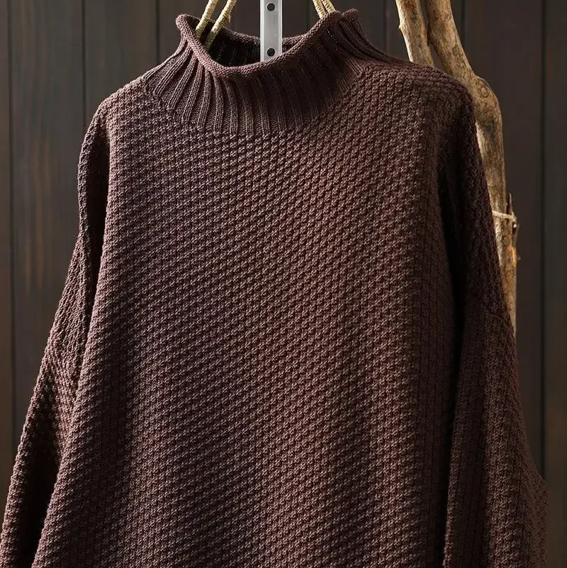 Knit Sweater Women Textured Relaxed Fit High Neck