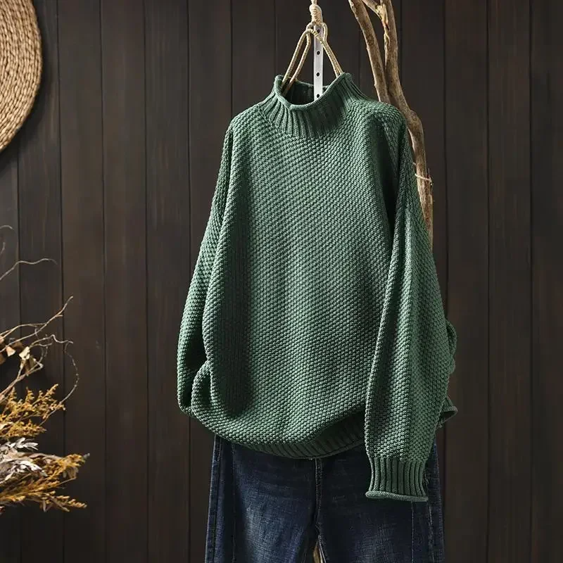 Knit Sweater Women Textured Relaxed Fit High Neck