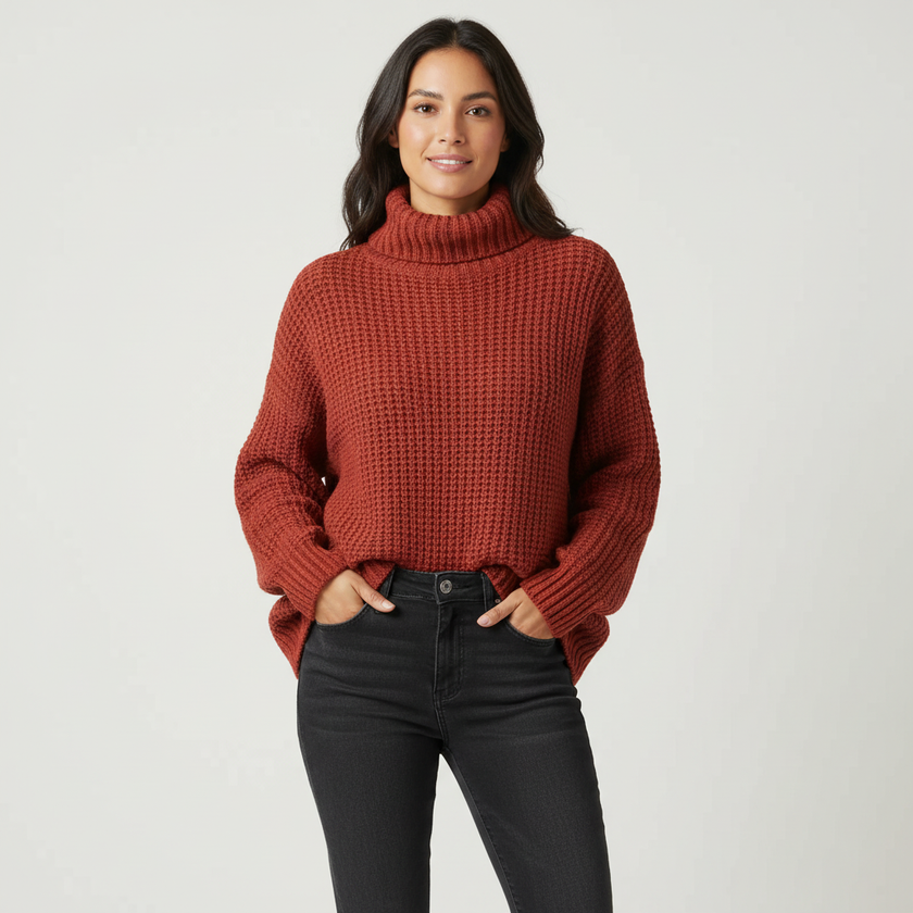 Knit Sweater Women Textured Relaxed Fit High Neck