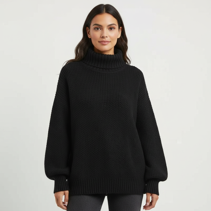 Knit Sweater Women Textured Relaxed Fit High Neck