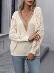 Knit Sweater Women V-Neck Ivory Relaxed Fit Soft