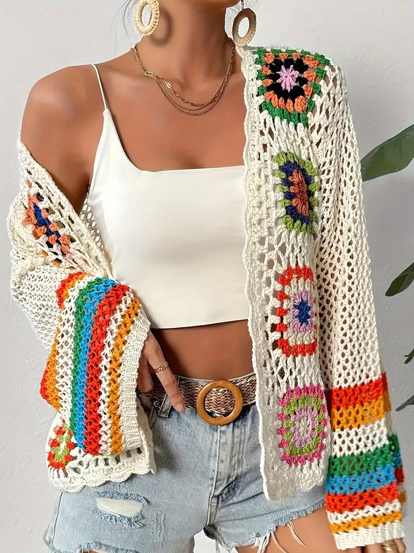 Crochet Cardigan Women Colourful Open-Knit Boho