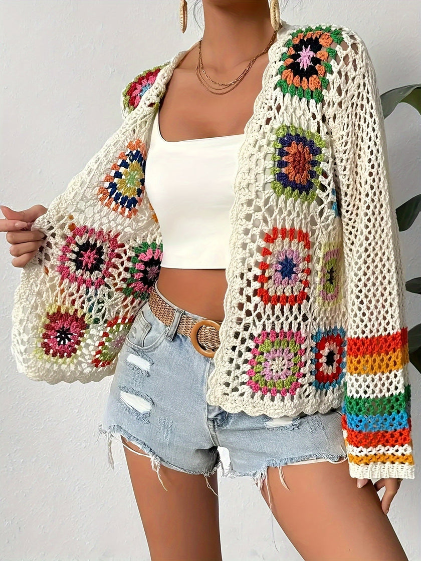Crochet Cardigan Women Colourful Open-Knit Boho
