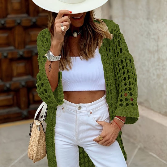 Crochet Cardigan Women Open Knit Three-Quarter Sleeve Summer