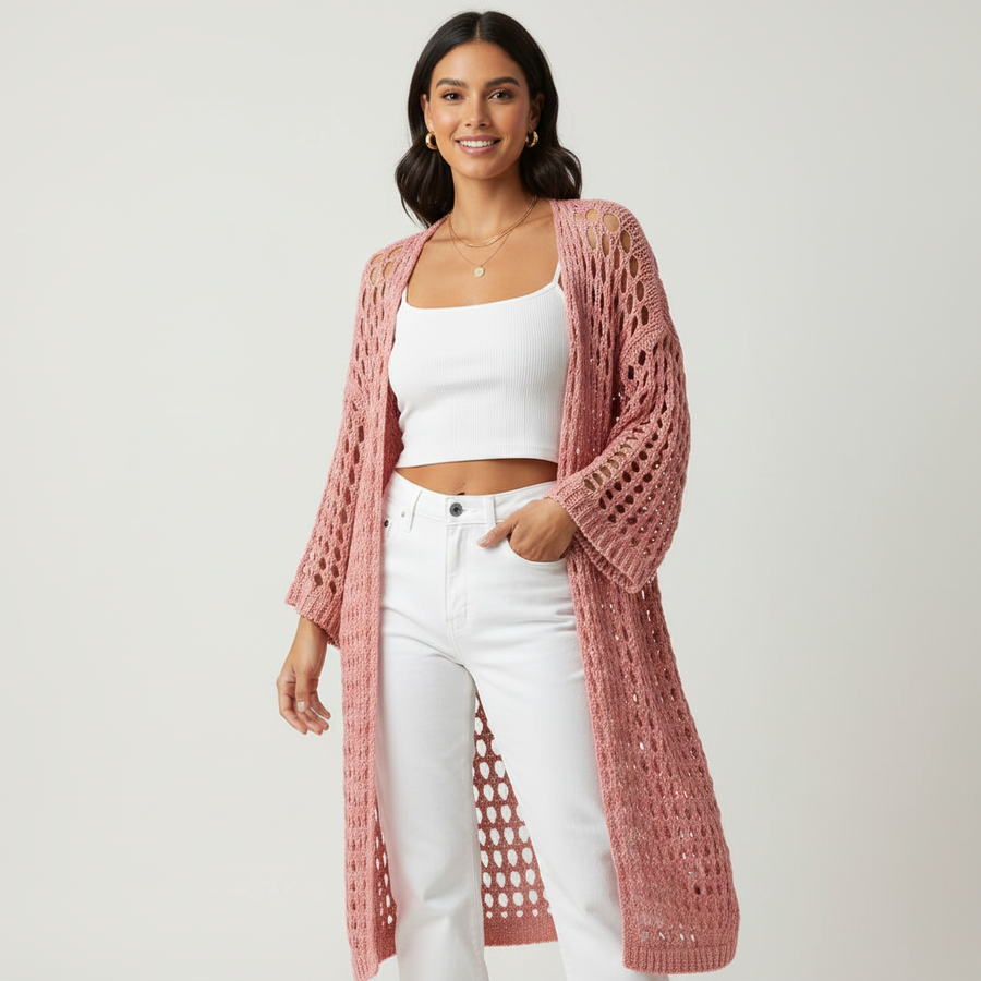 Crochet Open-Knit Cardigan Sweater Loose Fit Three-Quarter Sleeve for Women | Serena