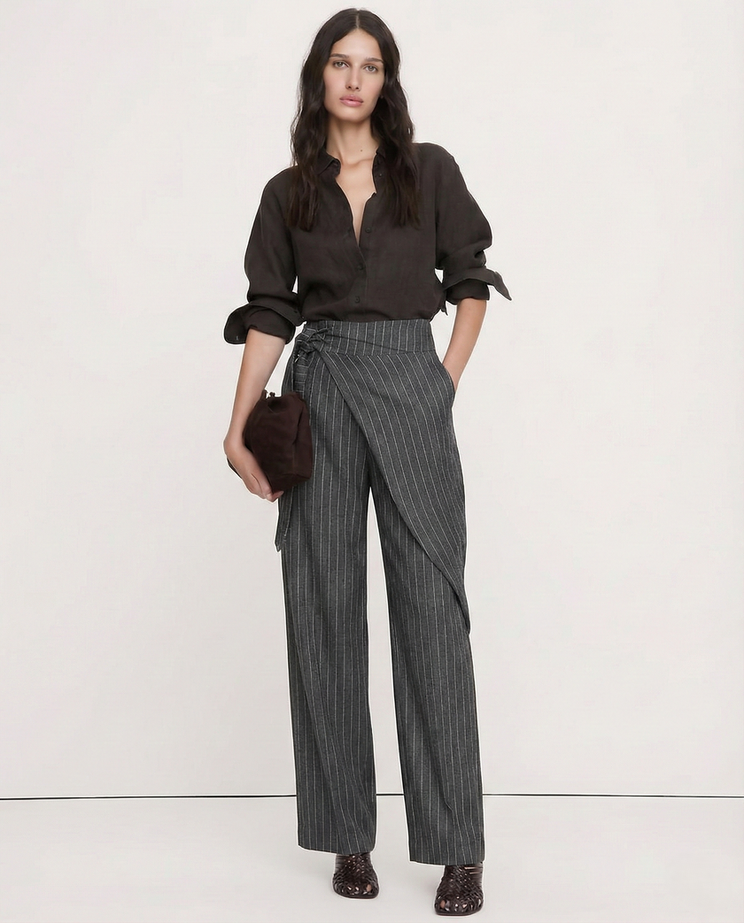 Women's high-waist cotton wide-leg trousers by FJØRNA, loose pull-on pants, shown in a relaxed fit and casual style.