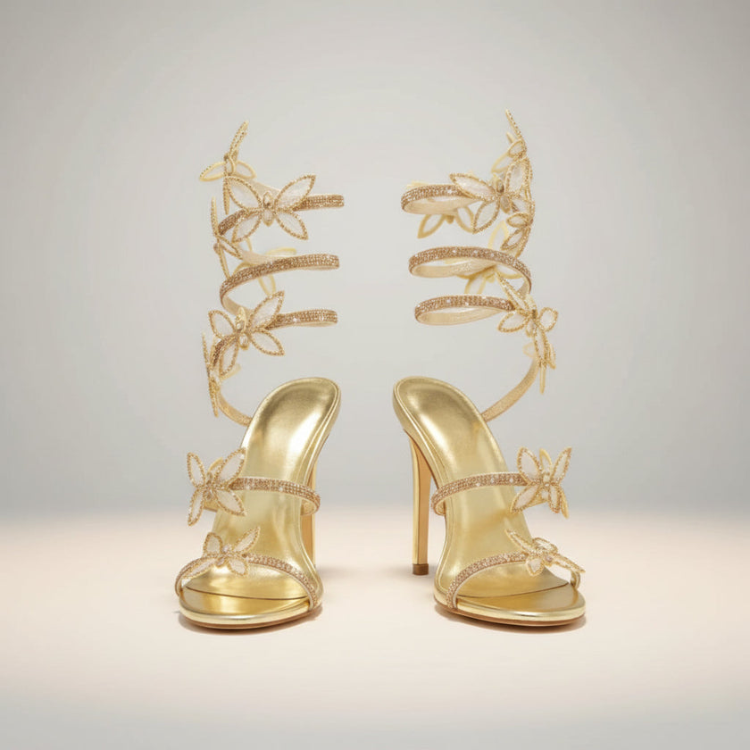 FJØRNA women's butterfly rhinestone wrap stiletto sandals with butterfly heel design, featuring sparkling rhinestones and elegant straps.
