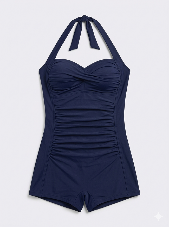 Women's shaping halter swimsuit by FJØRNA featuring pleated fit and supportive design, perfect for stylish swimming comfort.