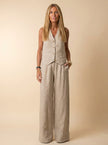 FJØRNA women's summer two-piece linen co-ord set with button-front top and matching shorts, casual and breathable fashion.