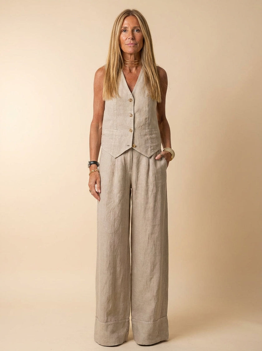 FJØRNA women's summer two-piece linen co-ord set with button-front top and matching shorts, casual and breathable fashion.