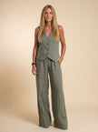 FJØRNA women's linen summer two-piece set featuring a button-front top and matching shorts, casual and breathable clothing for warm weather.