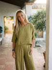 FJØRNA women's summer two-piece linen co-ord set with pockets, featuring a relaxed fit and casual style for warm weather.