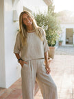 FJØRNA women's linen two-piece summer co-ord set with pockets, featuring a stylish top and matching shorts for a casual look.