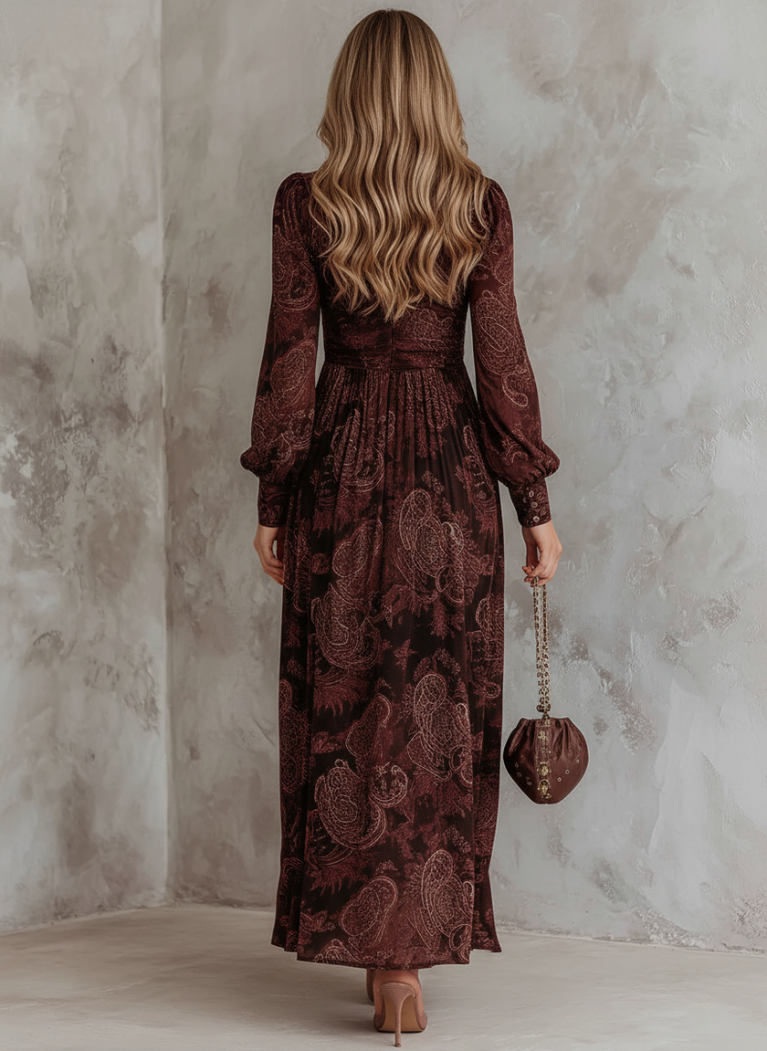 FJØRNA retro zipper neck long sleeve paisley print women's midi dress displayed on a model, showcasing vintage-inspired style and pattern.