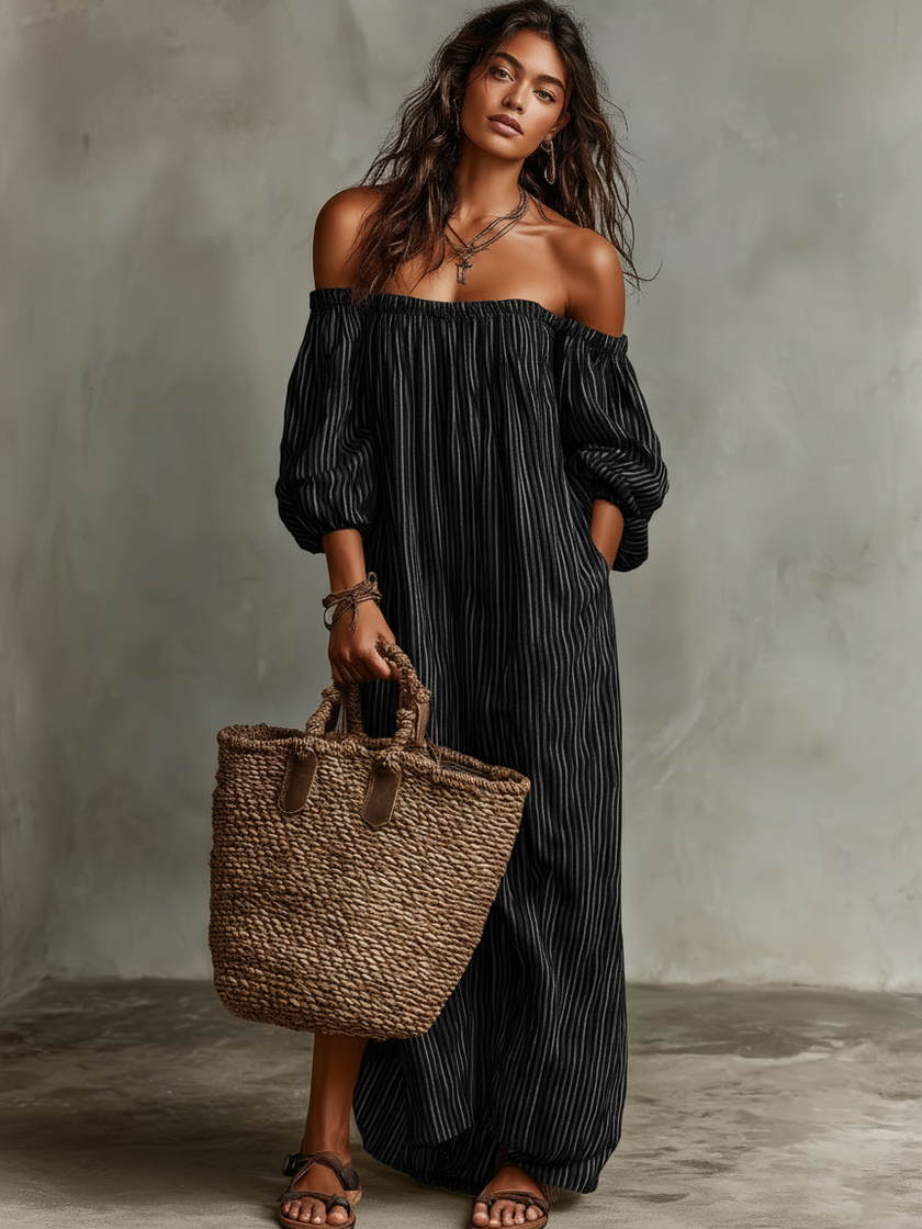 FJØRNA linen maxi dress, casual dress with flowing fabric and relaxed fit, styled for comfortable everyday wear.