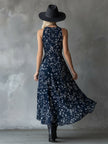 Navy blue chiffon floral maxi dress for women by FJØRNA, flowing fabric with a floral pattern and elegant design.