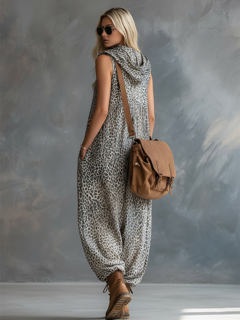 FJØRNA women's apricot leopard print chiffon hooded jumpsuit with pants, featuring a relaxed fit and stylish design.