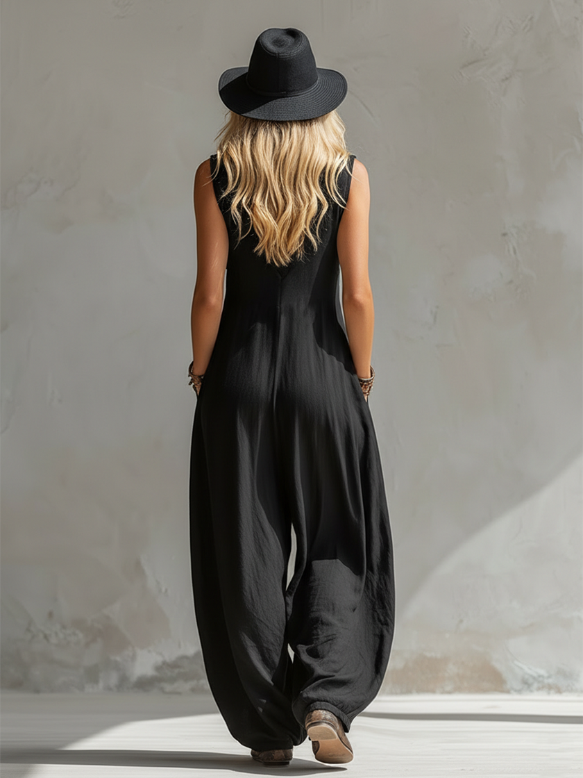 Black cotton linen sleeveless jumpsuit for women by FJØRNA, featuring a relaxed fit and wide-leg pants.
