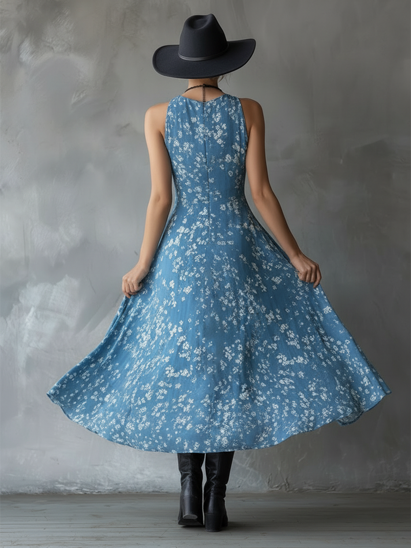 Navy blue chiffon floral maxi dress for women by FJØRNA, featuring a flowing silhouette and delicate floral pattern.