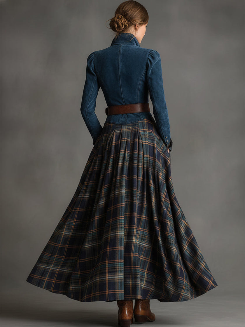 Blue faux suede maxi dress by FJØRNA, featuring a flowing silhouette and casual style, shown on a model.