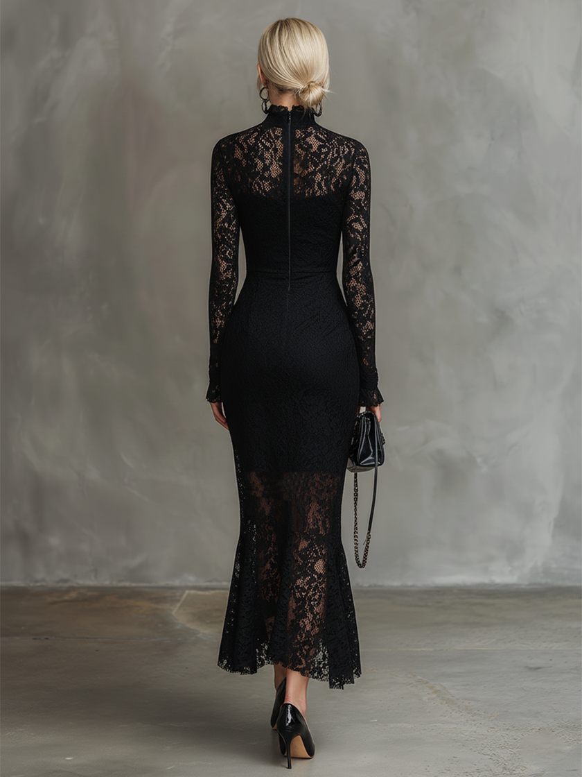 Black lace fishtail maxi dress by FJØRNA featuring intricate lace details and a fitted evening dress silhouette.