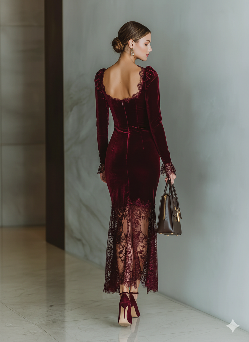 Burgundy velvet maxi dress by FJØRNA featuring a flowing evening dress with elegant draping and long sleeves.