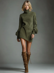 FJØRNA suede turtleneck mini dress for women, showcasing a stylish fit with a high neckline and soft suede fabric.