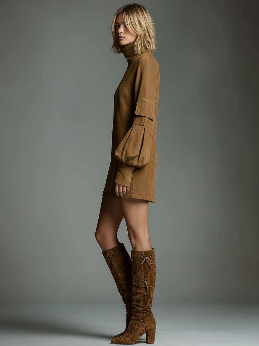 FJØRNA suede turtleneck mini dress for women, showcasing a stylish, fitted design with long sleeves and a smooth suede texture.